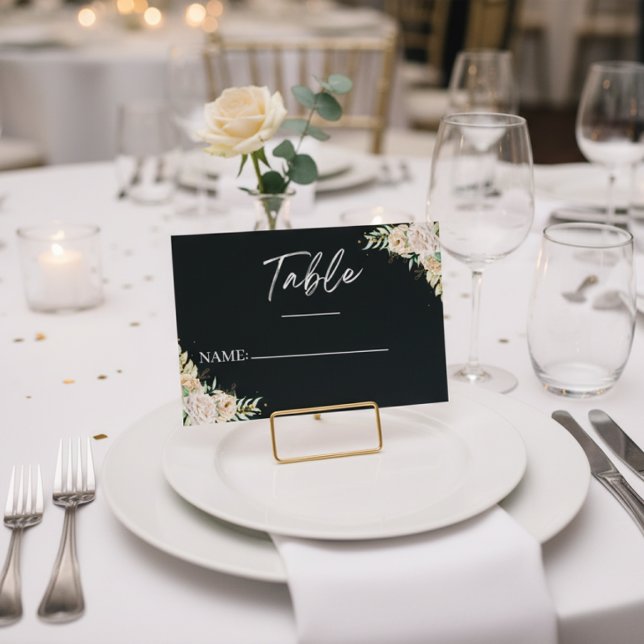 Modern Black Floral Calligraphy Wedding Place Card (Creator Uploaded)