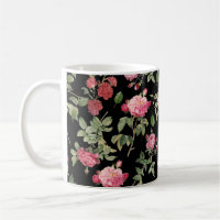 Modern Black Floral Cream Pink Rose Pattern