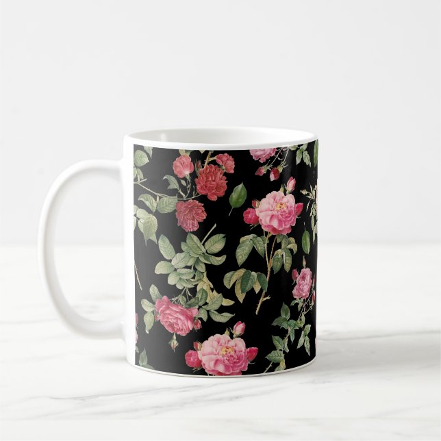 Modern Black Floral Cream Pink Rose Pattern Coffee Mug (Left)