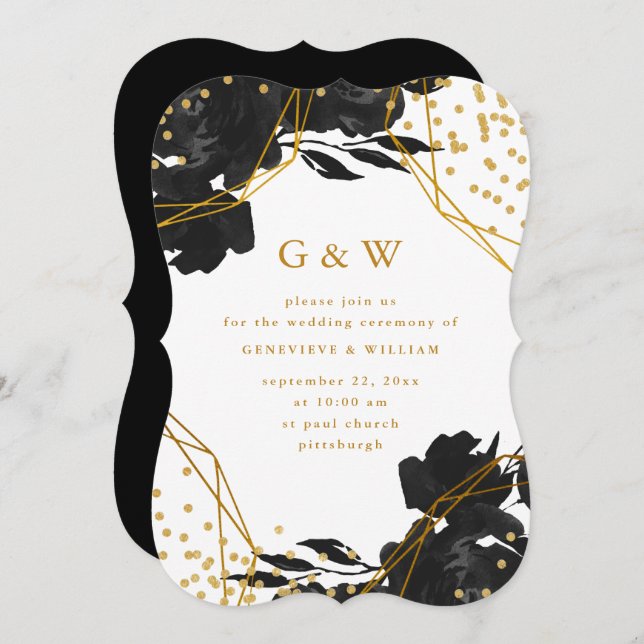 Modern Black Floral Faux Gold Geometric Wedding Invitation (Front/Back)
