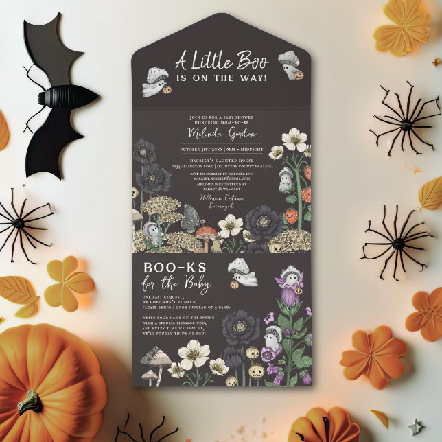 Modern Black Floral Ghosts Halloween Baby Shower All In One Invitation (A little boo is on the way black Halloween baby shower invitations with flowers and mushroom ghosts.)