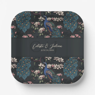 Modern Black Floral Peacock Wedding Paper Plate
