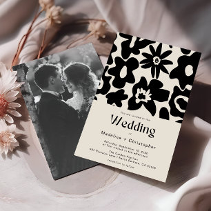 Modern Black Floral Photo Wedding Invitation