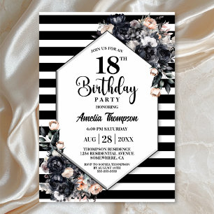 Modern Black Floral Striped 18th Birthday Party Invitation