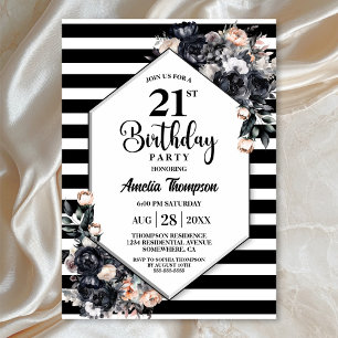 Modern Black Floral Striped 21st Birthday Party Invitation