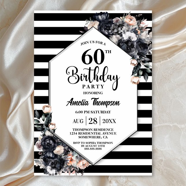 Modern Black Floral Striped 60th Birthday Party Invitation (Creator Uploaded)