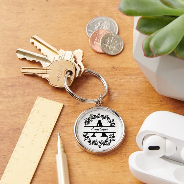Modern Black Floral Wreath Split Monogram "A" Key Ring (Creator Uploaded)