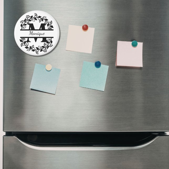 Modern Black Floral Wreath Split Monogram "M" Magnet (Creator Uploaded)