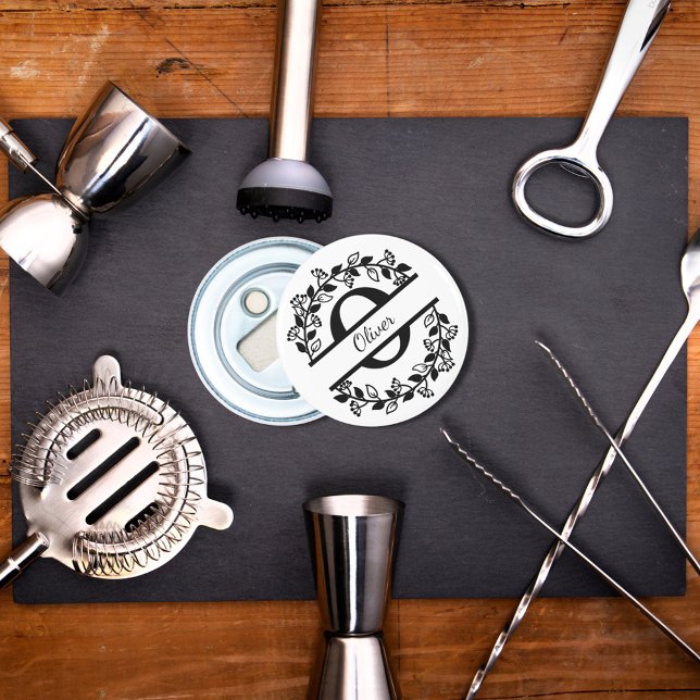 Modern Black Floral Wreath Split Monogram "O" Bottle Opener (Creator Uploaded)