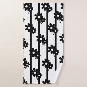 Modern Black Flowers With Black Vertical Stripes  Bath Towel