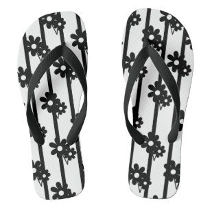 Modern Black Flowers With Black Vertical Stripes Thongs