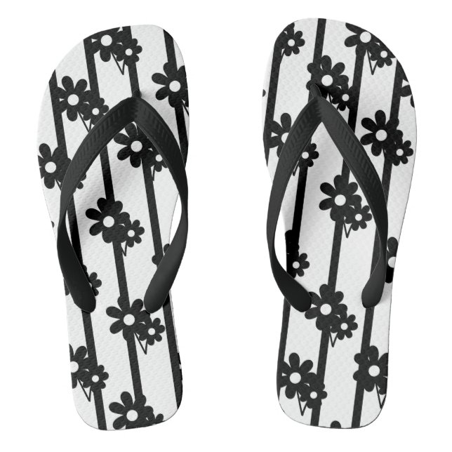 Modern Black Flowers With Black Vertical Stripes Thongs (Footbed)
