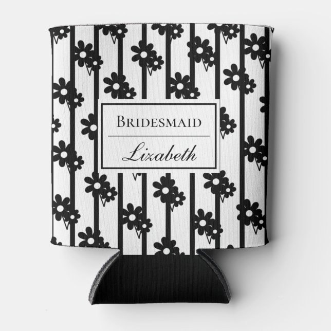 Modern Black Flowers With Vertical Lines Pattern Can Cooler (Front)