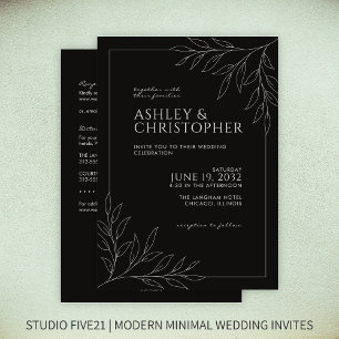Modern Black Foliage Outline All-in-One Wedding Invitation