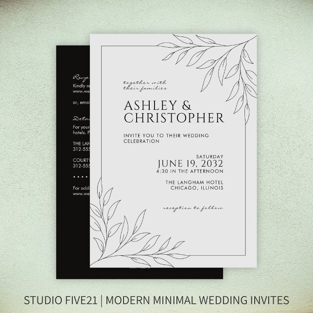 Modern Black Foliage Outline All-in-One Wedding Invitation (Creator Uploaded)