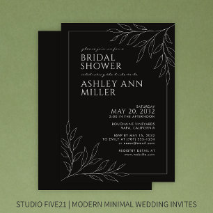 Modern Black Foliage Outline Wedding Bridal Shower Invitation