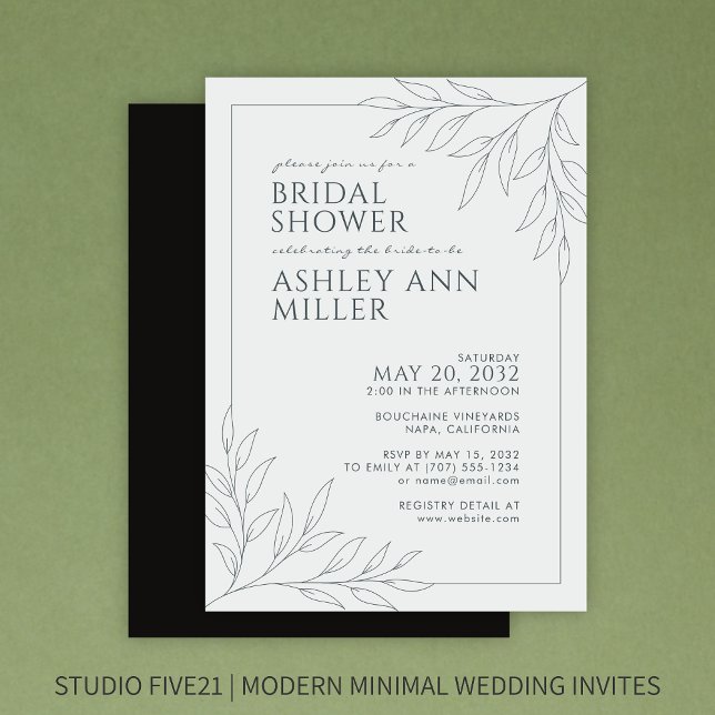 Modern Black Foliage Outline Wedding Bridal Shower Invitation (Creator Uploaded)