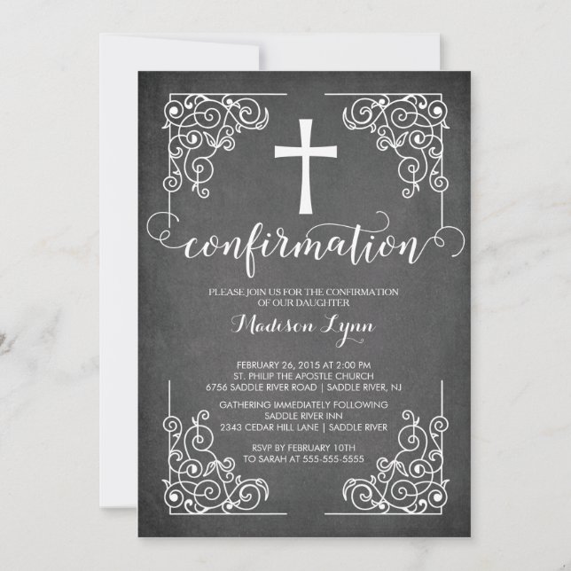 Modern Black Frame Cross Confirmation Invitation (Front)