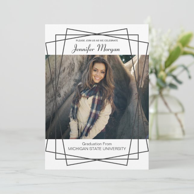 Modern Black Frame Photo Graduation Invitation (Standing Front)