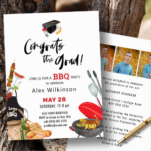 Modern Black Fun Script 3 Photo GRAD BBQ Party  Invitation
