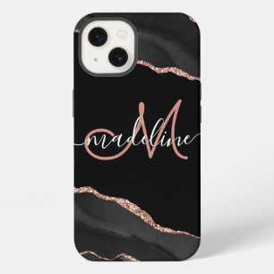 Modern Black Geode Agate Rose Glitter Monogrammed iPhone 13 Case