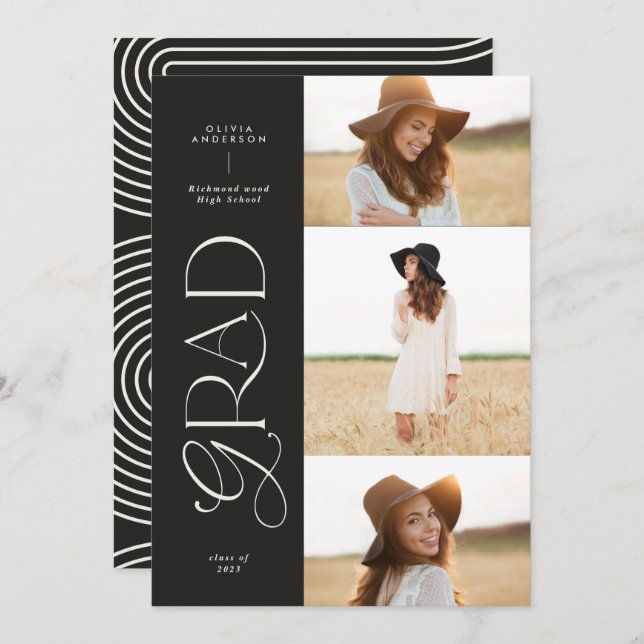 Modern black geometric 3 photo arch graduation announcement (Front/Back)