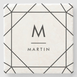 Modern Black Geometric Lines with Monogram Stone Coaster