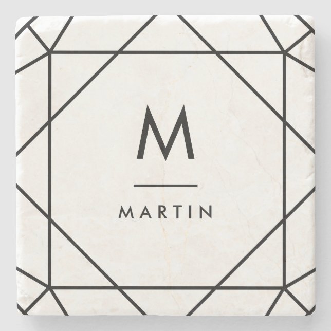 Modern Black Geometric Lines with Monogram Stone Coaster (Front)