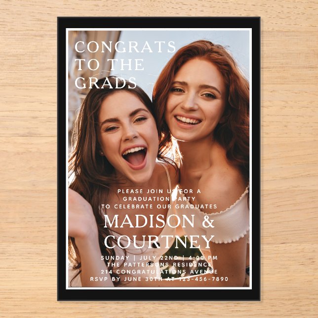 Modern Black Gingham Photo Graduation Party Acrylic Invitations (Front)