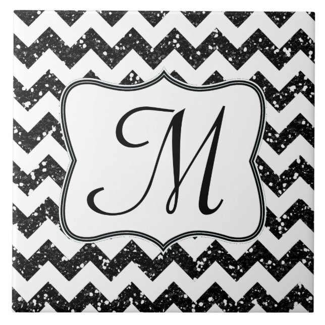 Modern Black Glitter Chevron Monogram Display Tile (Front)