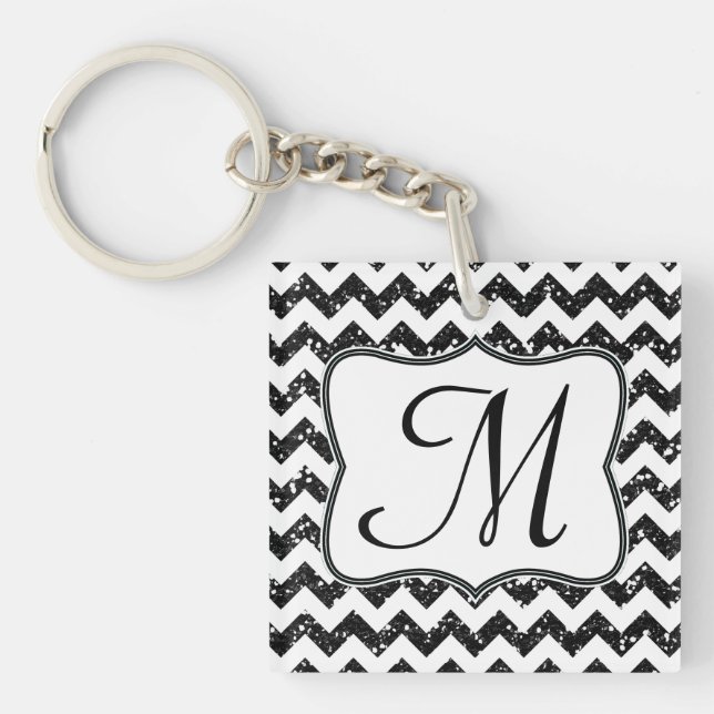 Modern Black Glitter Chevron Zig Zag Key Chain (Front)