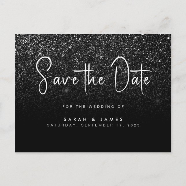 Modern Black Glitter Chic Wedding Save the Date Announcement Postcard (Front)