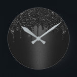 Modern Black Glitter Drips Elegant Dark Round Clock<br><div class="desc">Modern Black Glitter Drips Elegant Dark Clocks.</div>