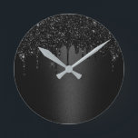 Modern Black Glitter Drips Elegant Dark Round Clock<br><div class="desc">Modern Black Glitter Drips Elegant Dark Clocks.</div>