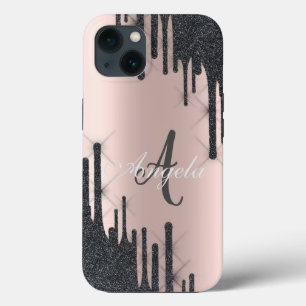 Modern Black Glitter Drips, Rose Gold,Monogram  iPhone 13 Case