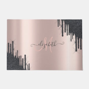 Modern Black Glitter Drips Rose Gold Monogram    Doormat