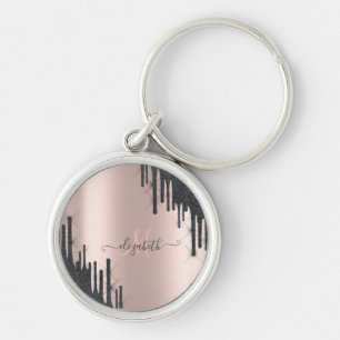 Modern Black Glitter Drips Rose Gold Monogram Key Ring