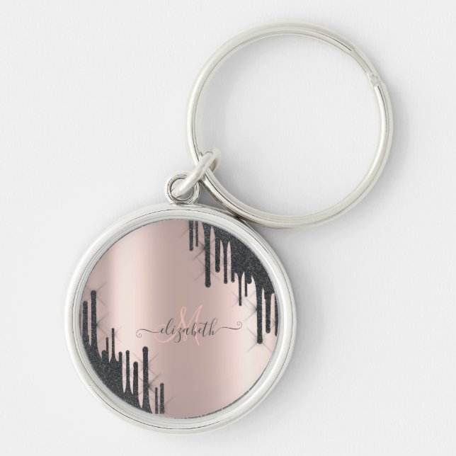 Modern Black Glitter Drips Rose Gold Monogram    Key Ring (Front)