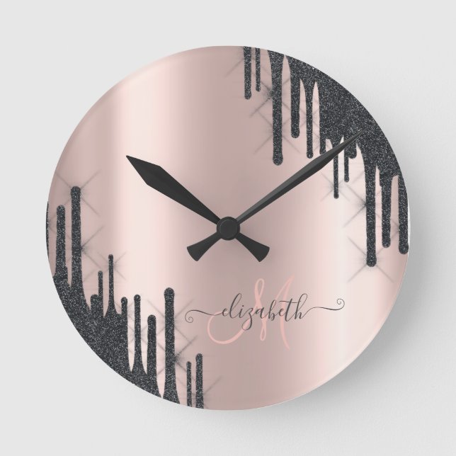 Modern Black Glitter Drips Rose Gold Monogram   Round Clock (Front)