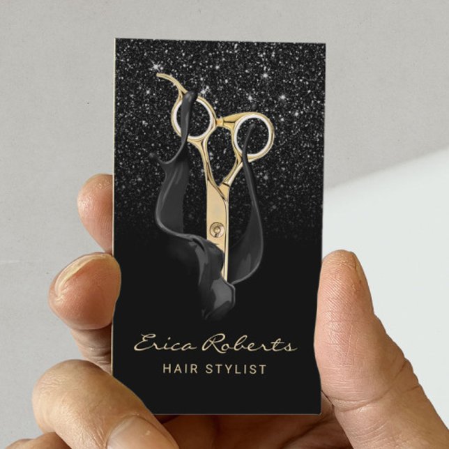Modern Black Glitter Gold Scissor Hair Stylist Business Card (Creator Uploaded)