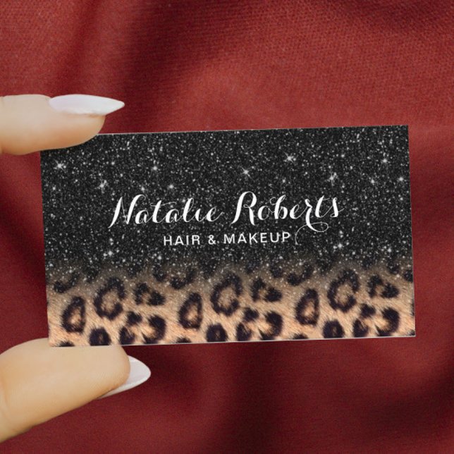 Modern Black Glitter Leopard Beauty Salon Business Card (Creator Uploaded)