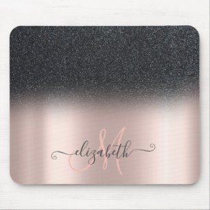 Modern Black Glitter Ombre Rose Gold Monogram Mouse Pad