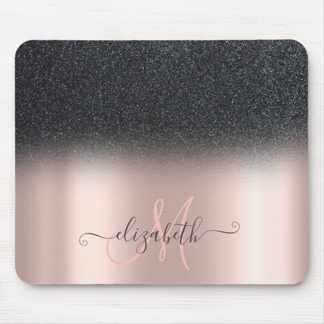 Modern Black Glitter Ombre Rose Gold Monogram Mouse Pad (Front)