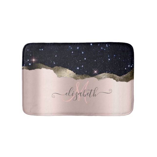 Modern Black Glitter Rose Gold Monogram   Bath Mat (Front)