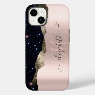 Modern Black Glitter Rose Gold Monogram  Case-Mate iPhone 14 Case