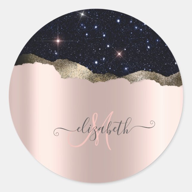 Modern Black Glitter Rose Gold Monogram  Classic Round Sticker (Front)