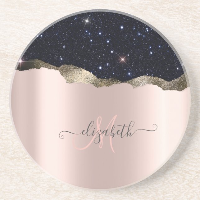 Modern Black Glitter Rose Gold Monogram Coaster (Front)