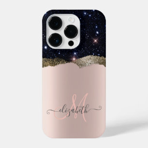 Modern Black Glitter Rose Gold Monogram   iPhone 14 Pro Case