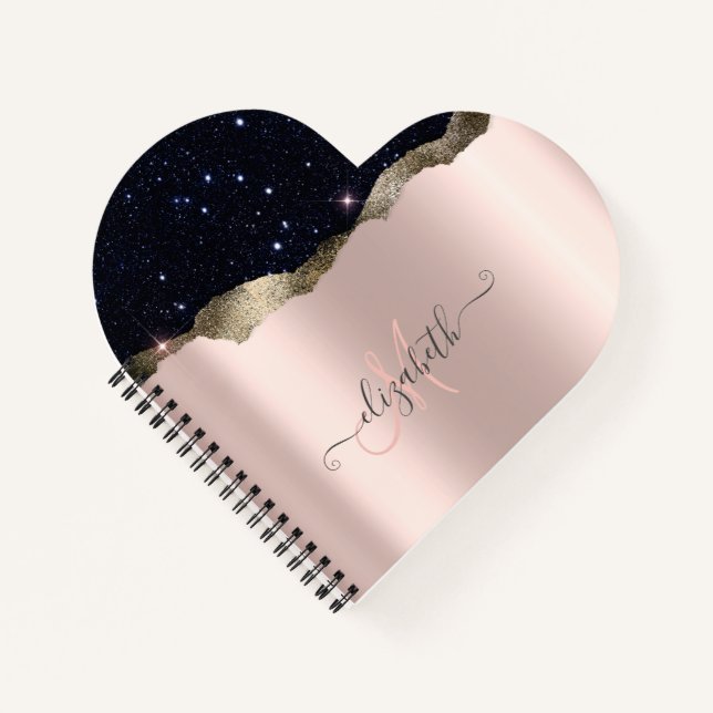 Modern Black Glitter Rose Gold Monogram  Notebook (Front)