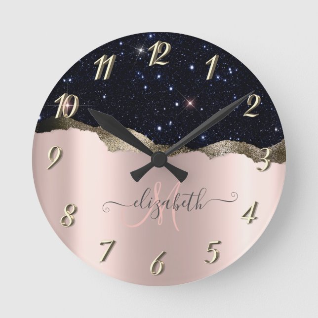 Modern Black Glitter Rose Gold Monogram Round Clock (Front)